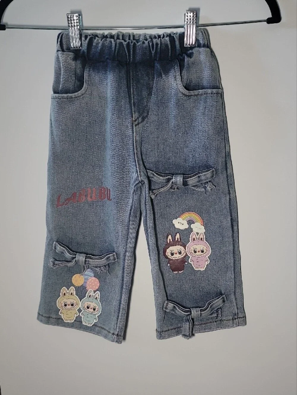 Labubu Kids White & Denim Matching Set - Pink & Brown Character Tee and Jeans